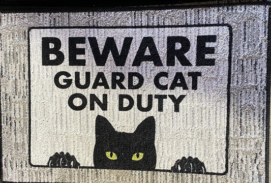 "BEWARE GUARD CAT ON DUTY" Door Mat   Indoor/Outdoor Garage Animal  NEW